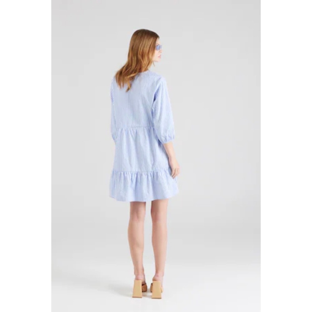 H&M Girls Blue White Seersucker Striped Tiered Dress Puff Sleeve Size 14Y+ 20